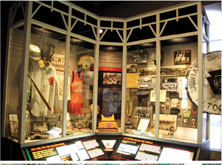 Like many other industries, railroads established industrial baseball and softball teams. A Railroaders Memorial Museum display case includes a collection of baseball artifacts from the Juniata area.