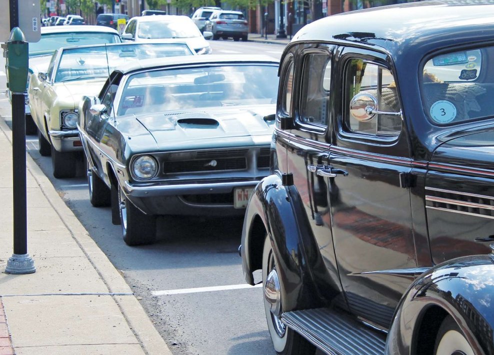 Mid-Atlantic Region tour cars lined up along an Indiana, Pennsylvania, street.